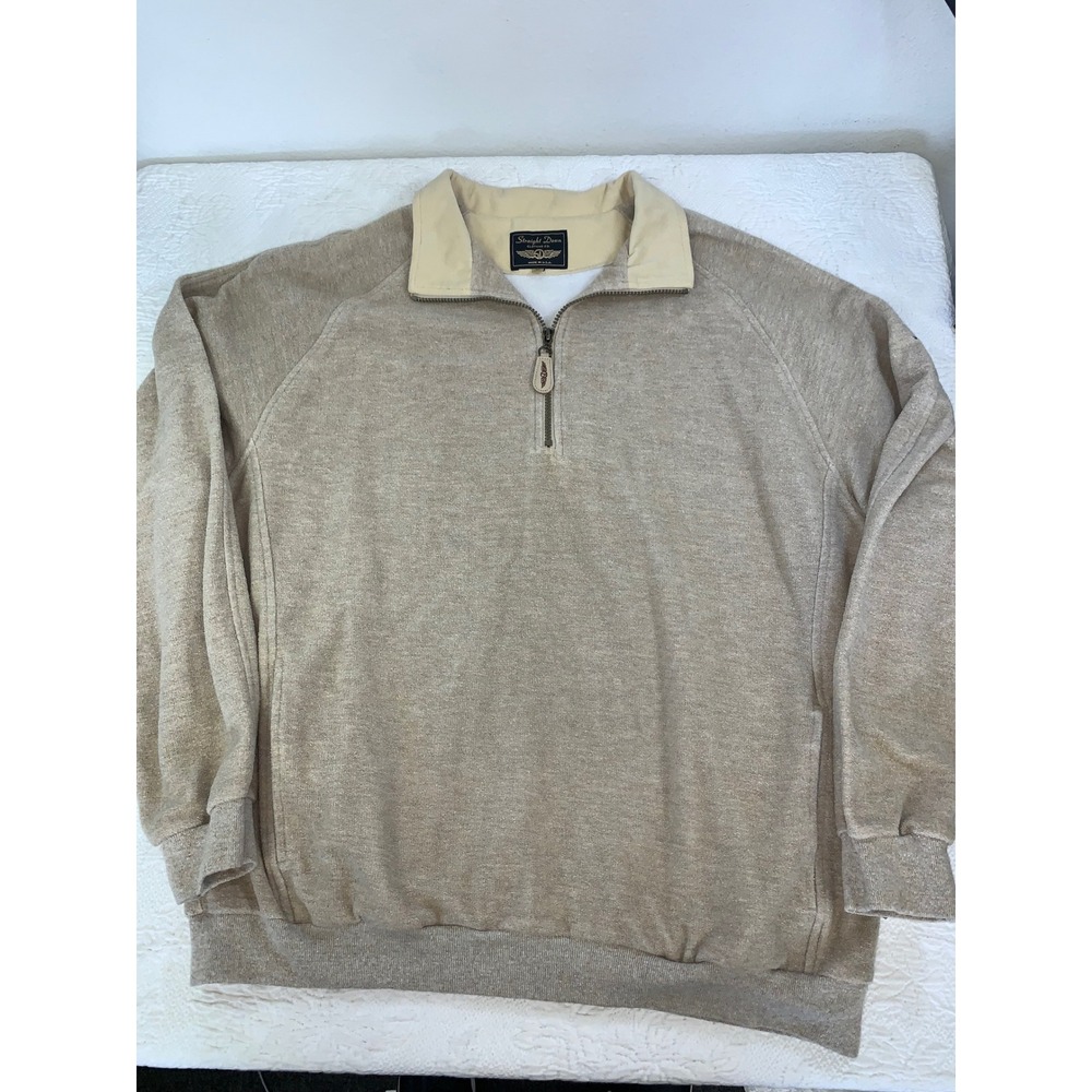 Straight Down Mens Quarter Zip Pullover Tan Terry Cloth Golf Sweater XL Made USA